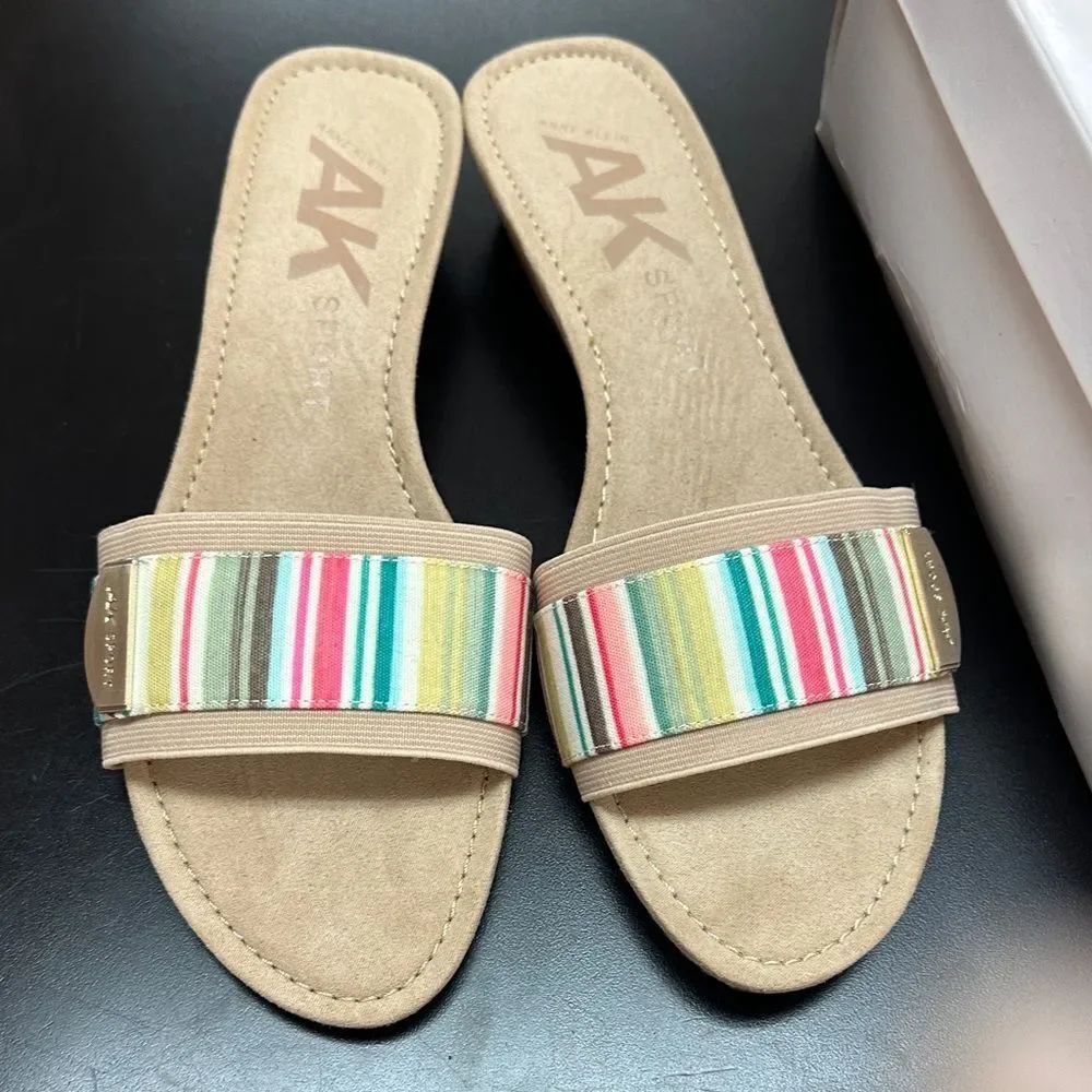 Anne Klein Tan Slide Sandals with Multicolor Striped Band